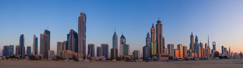 Fototapeta na wymiar Panorama of Dubai skyline during sunrise