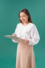 Happy successful business woman with gray folder