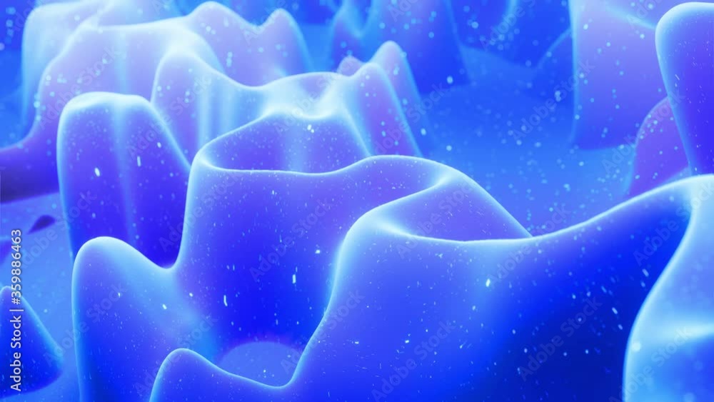 Poster abstract waves of soft blue matte material with light inner glow and glitters on morphing surface. a