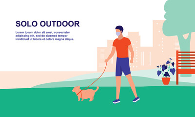 One Young Man With Face Mask Walking With His Dog In The Park. Full Length. Flat Design.