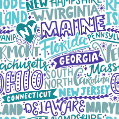 Vector seamless pattern with USA states. New York, Maine, Florida, Georgia, Vermont, Massachusetts, Ohio, Carolina, New Jersey, Connecticut, Maryland, Delaware, Virginia, Rhode Island, Pennsylvania