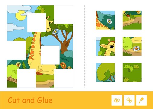 Cut and glue vector puzzle learning children game with colorful image of a giraffe eating a flower in a woodlands, divided into several parts. Wild animals educational activity for kids.