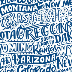 Vector seamless pattern with USA states. Oregon, Utah, Montana, New Mexico, Texas, Dakota, Wyoming, Kansas, Arizona, Nevada, Colorado