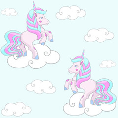 Seamless pattern with unicorn pony and cloud. Cute magic cartoon fantasy cute animal. Dream symbol. Design for children.