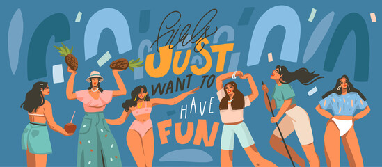 Hand drawn vector abstract stock graphic illustration with young smiling females dancing party at home and handwritten lettering quote isolated on blue collage background