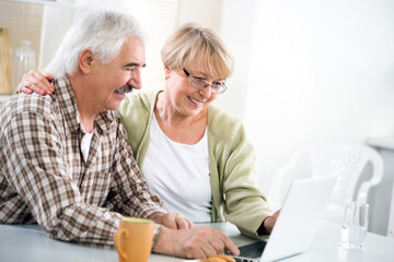 Elderly couple have fun at home with a laptop