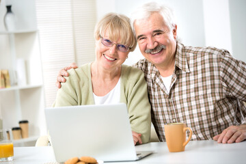 Happy elderly couple with laptop smiling at camera