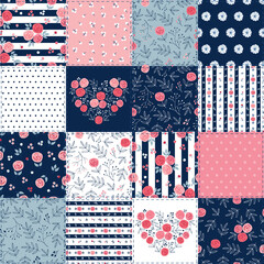 Cute vintage patchwork background with different flowers and leaves patterns for fashion, textile, gift wrap, wallpapers, print and scrapbook. Vector illustration.