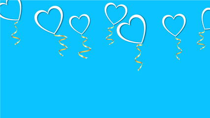 Beautiful abstract texture of white balloons in the shape of hearts with shadows and a golden ribbon for Happy Valentine's Day on a blue background. Vector illustration. Concept: love