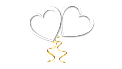 Beautiful abstract texture of white balloons in the shape of hearts with shadows and a golden ribbon for Happy Valentine's Day on a white background. Vector illustration. Concept: love