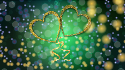 Beautiful abstract texture of golden love balloons in the shape of hearts and a golden ribbon for Happy Valentine's Day on a blurred green background with bokeh effect. Vector illustration