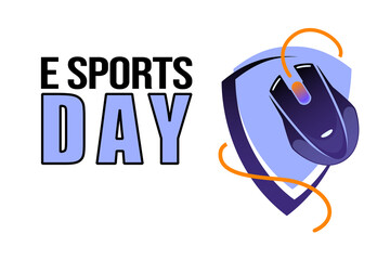 Esports game day poster for tournament events. PC Mouse on shield with space for text, cartoon vector illustration. Cybersport technology blue logo on white background. Concept for gamer stream cover