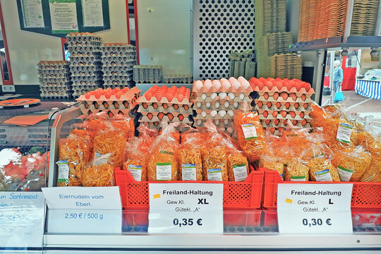 egg and macaroni for sale at Local traditional street market shop in Erding City, Munich