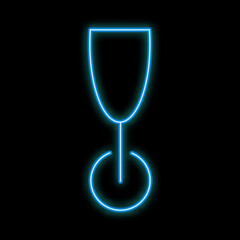 Beautiful abstract neon bright blue glowing icon of a glass of wine, alcoholic beverage, cocktail and an off button for a signboard in a wine bar on a black background. Vector illustration