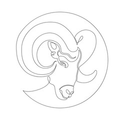 Wild ram head portrait with rounded horns, Aries.