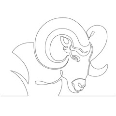 Wild ram head portrait with rounded horns, Aries.