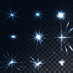 Set of bright luminous blue transparent sunshine, flares, glare of energy rays, stars on a translucent dark and checkered black background from squares. Vector illustration