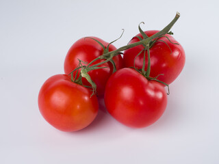 Fresh red tomatoes on a branch on a white background. Studio photography