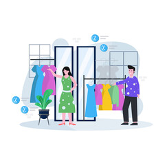 Flat vector illustration of a clothing shop and boutique with people dealing to buy clothes and accessories