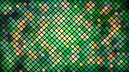 Multicolored abstract background of green squares, rhombuses, rectangles tiles, mosaic with seams of glowing magical energy shiny bright beautiful. Vector illustration. Texture