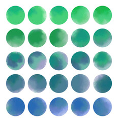 Set of green and blue watercolor circles. Multicolored spots for packaging, crafts, scrapbook, boxes, banners, cards, logos