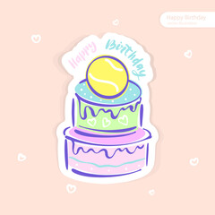 Vector sticker, cake with a tennis ball. Illustration for birthday card, print design for poster..
