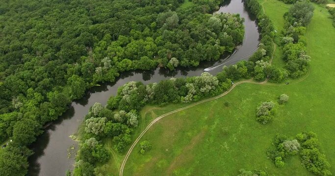 Aerial view to summer forest and river bend of Seversky Donets