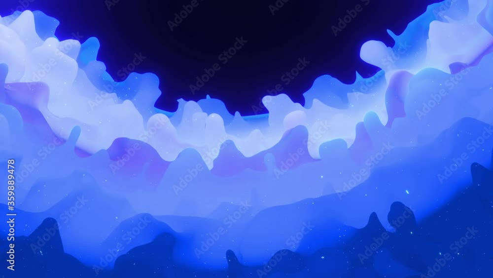 Poster abstract waves of soft blue matte material with light inner glow and glitters on morphing surface. a