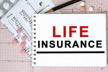 Notebook page with text LIFE INSURANCE on a table with a pills and pencil, medical concept, top view