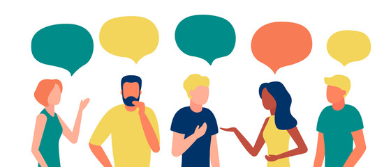 Group people african, american, caucasian communication via Internet, social networking, chat, video, news, messages. Team man and woman talk, discussion together. Vector illustration - obrazy, fototapety, plakaty