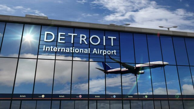 Jet airplane landing at Detroit, Michigan, USA, America 3D rendering animation. Arrival in the city with the glass airport terminal and reflection of the plane. Travel, business, tourism concept.