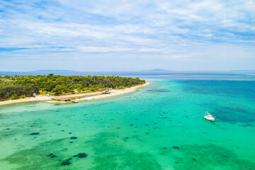 Aerial view of beautiful lagoon on Adriatic seascape paradise on the island of Pag in Croatia.