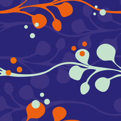 Vector pattern of abstract floral stems in wide rows of horizontal wavy lines. Seamless background with texture. Botanical backdrop in neon indigo and orange . Modern geometric repeat for packaging