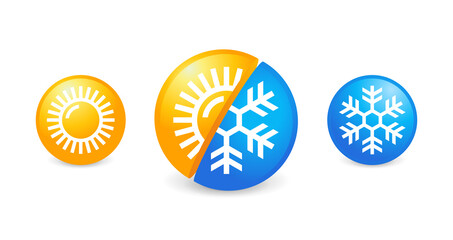 Hot and cold weather climate control - flat vector icons with symbols of sun and snowflake - climate difference, climat change, thermometer - temperature index  visualization