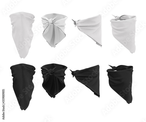 Download Empty Mockup Template For Design Logo Brand Of Black And White Bandana On The Face 3d Illustration Of A Realistic Scarf Bandana Isolated On White Background Front Side And Back Views Wall