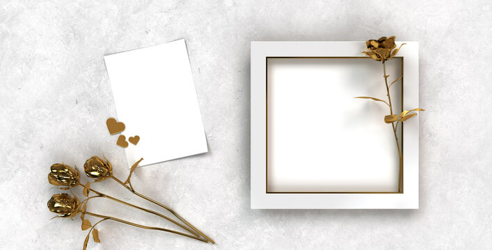 festive still life in white and gold with picture frame and golden roses