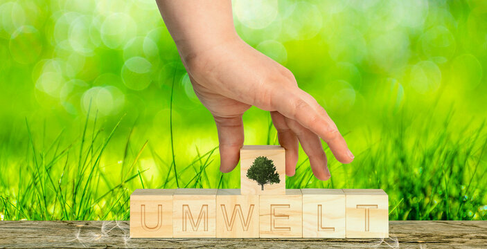 Holzw&uuml;rfel mit der Gravur Umwelt werden von einer Hand gestappelt