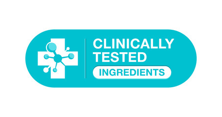 Clinically tested ingredients marking - isolated sticker - circle text, medical cross and molecular structure - for healthy food products and cosmetics packaging decoration
