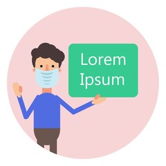 Man with face mask showing empty advertising placard in circle, vector