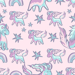Cute cartoon unicorn hand drawn seamless pattern vector illustration