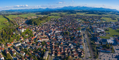 Aerial view of the city and monastery Marktoberdorf in Germany, Bavaria on a sunny spring day during the coronavirus lockdown.
