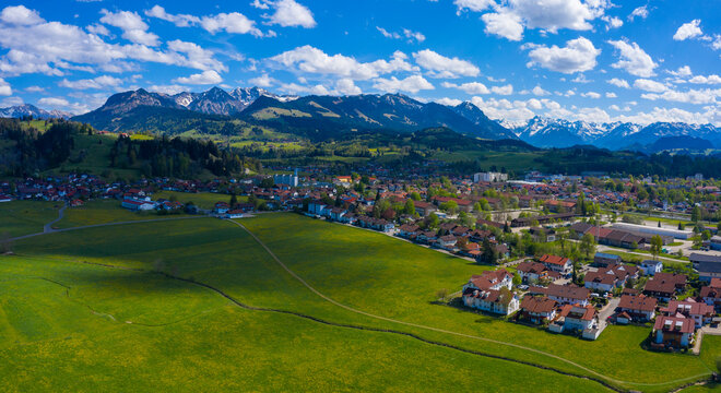  Aerial view of the city Sonthofen in Germany, Bavaria on a sunny spring day during the coronavirus lockdown.
