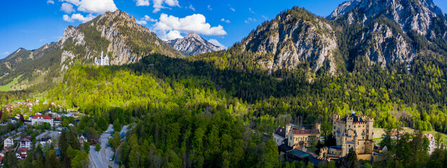 Aerial view of the Neuschwanstein castle in Bavaria during the coronavirus lockdown.