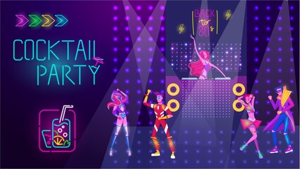 Cocktail party in night disco club, people dance, bright neon light vector illustration. Dancing in disco music. Neon nightclub glowing vibes with electric lights in retro techno style.