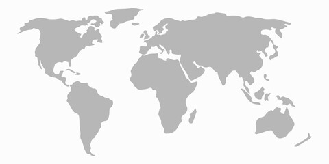 World map on white background with continents. Europe, Australia, North and South America, Africa. Gray world map vector illustration template. 