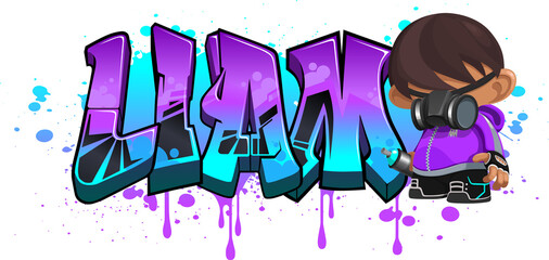 Liam. A cool Graffiti Name illustration inspired by graffiti and street art culture. Vivid vibrant colors, immaculate style, perfect balance.