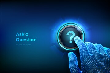 Ask a Question. Closeup finger about to press a button with a Question mark. Ask symbol. Help support, faq problem symbol, think education concept, confusion search. Vector illustration. - obrazy, fototapety, plakaty