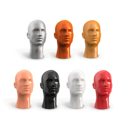 Set male head with face. Plastic vector 3d realistic mannequin. Decor for showcase hats. The human body of a man of white, black, beige, red, silver, gold, bronze color.