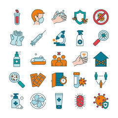test tube and coronavirus icon set, line and fill style