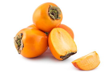 Fresh raw persimmon fruit isolated on white background, one cutted in half - 359892819